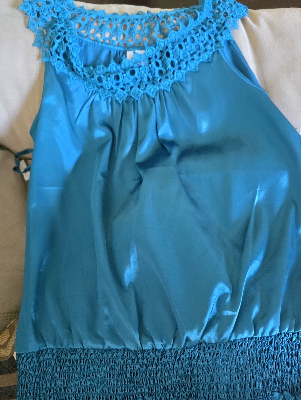 Suzy Shier Teal Satin Shirt With Banded Bottom